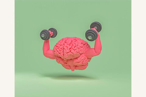 A pink brain with muscular arms lifts dumbbells