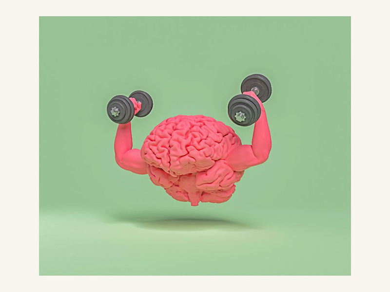 A pink brain with muscular arms lifts dumbbells